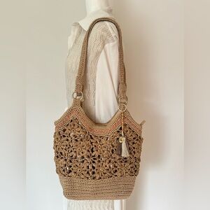 The Sak Casual Classics Large Crochet Flower Tote Boho Tan
